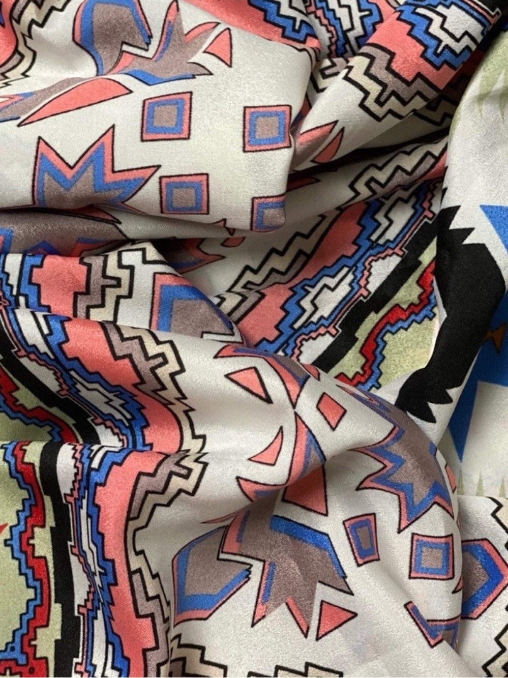 Coral, Blue & White Multicolor Geometric Print Satin Fabric